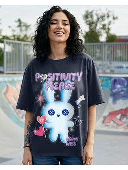 Bewakoof - Women's Navy Blue Positivity Please Graphic Printed Oversized T-shirt