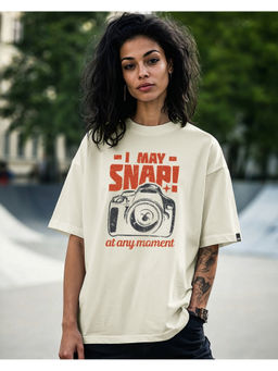 Bewakoof - Women's Beige I May Snap Graphic Printed Oversized T-shirt