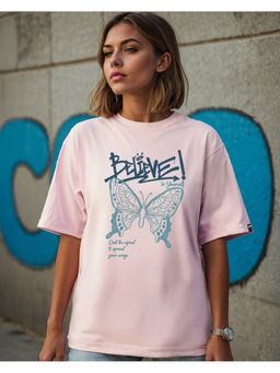 Bewakoof - Women's Pink Believe Yourself Graphic Printed Oversized T-shirt