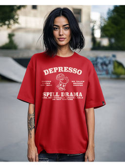 Bewakoof - Women's Bold Red Depresso Typography Oversized T-shirt
