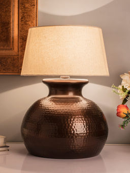 Homesake - Copper Hammered Pitcher Table Lamp Khadi Shade