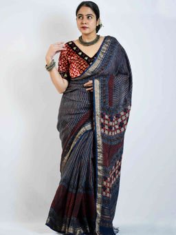Sundarii - Zebra Ajrakh Hand Block Printed Linen Zari Saree with Unstitched Blouse