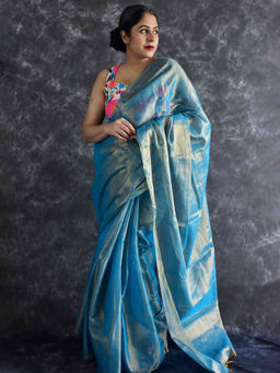 Sundarii - Monday Blues Tissue Silk Woven Saree with Unstitched Blouse