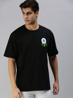 VEIRDO - Men's Black Oversized Graphic Half Sleeves Round Neck T-shirt