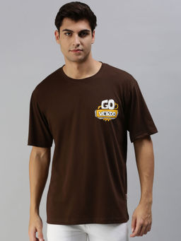 VEIRDO - Men's Brown Oversized Typography Half Sleeves Round Neck T-shirt