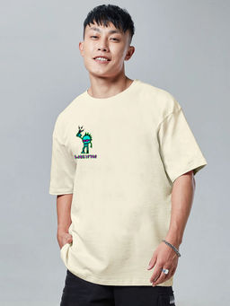 VEIRDO - Men's Beige Oversized Graphic Half Sleeves Round Neck T-shirt