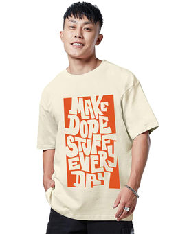 VEIRDO - Men's Beige Oversized Graphic Half Sleeves Round Neck T-shirt