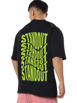 VEIRDO - Men's Black Oversized Graphic Half Sleeves Round Neck T-shirt