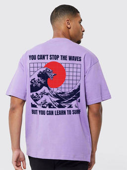 VEIRDO - Men's Purple Oversized Graphic Half Sleeves Round Neck T-shirt