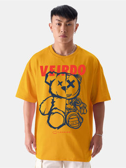 VEIRDO - Men's Mustard Oversized Graphic Half Sleeves Round Neck T-shirt