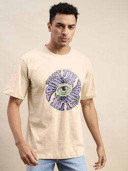 VEIRDO - Men's Beige Oversized Graphic Half Sleeves Round Neck T-shirt