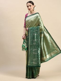 VAIRAGEE - Green Woven Design Ethnic Motifs Zari Banarasi Saree with Unstitched Blouse