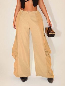 Outzidr - Beige High Waist Side Gathered Pant
