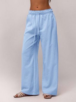 Outzidr - Light Blue High Waist Drawstring Wide Leg Trouser