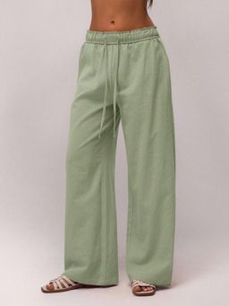 Outzidr - Light Green High Waist Drawstring Wide Leg Trouser