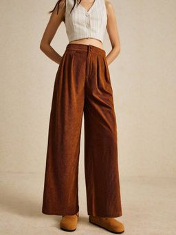 Outzidr - Brown Waist Buttoned Corduroy Pant