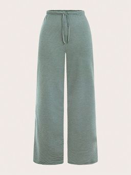 Outzidr - Green and White Striped Mid Rise Wide Leg Trousers