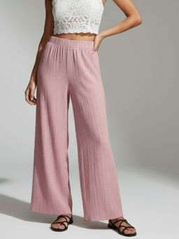 Outzidr - Pink Textured Wide Leg Trousers