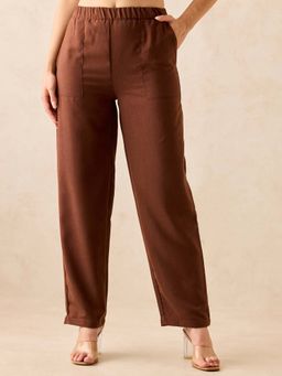 Outzidr - Brown Pleated High Waisted Trousers