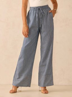 Outzidr - Blue and White Wide Leg Striped Trousers