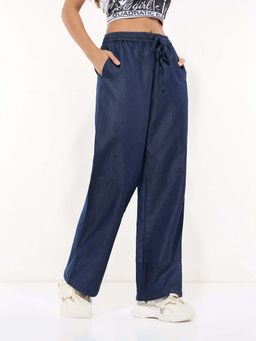 Outzidr - Blue Mid Rise Wide Leg Trousers