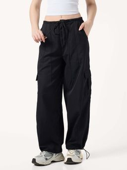 Outzidr - Black Cargo Pockets Drawstring Wid Leg Cargo Pants