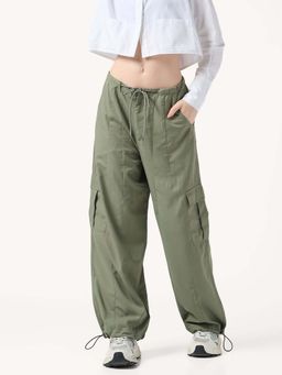 Outzidr - Olive Cargo Pockets Drawstring Wid Leg Cargo Pants