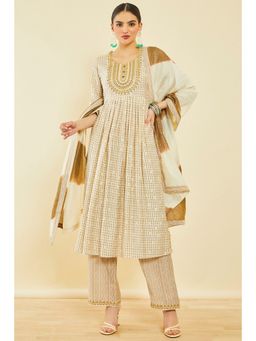 Soch - Beige Cotton Suit With Printed Designs And Embroidery (Set of 3)