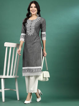 Rama's - Women Grey Embroidery Straight Kurta