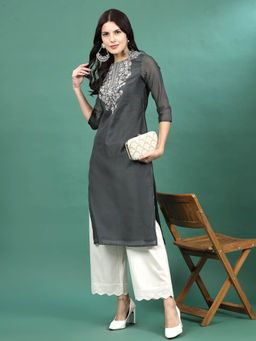 Rama's - Women Grey Embroidery Straight Kurta