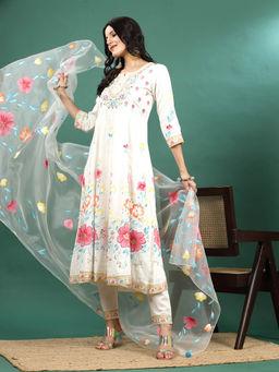 Rama's - White Floral Embroidery Anarkali Kurta with Pant and Dupatta (Set of 3)