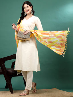 Rama's - Women Off White Solid Straight Kurta with Pant and Dupatta (Set of 3)