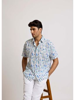 RATAN JAIPUR - White & Blue Half Sleeves Cotton Shirt