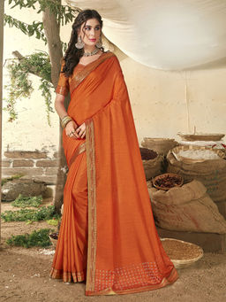 Odette - Orange Vichitra Solid Pattern Saree with Unstitched Blouse
