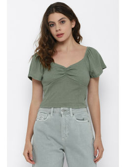 American Eagle - Women Green Cinch Front Flutter Sleeve Top