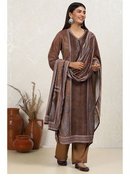 Biba - Women's Brown Velvet Digital Print Unstitched Dress Material (Set of 3)