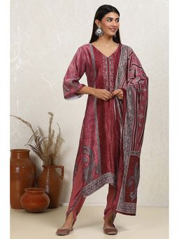 Biba - Women's Pink Velvet Digital Print Unstitched Dress Material (Set of 3)