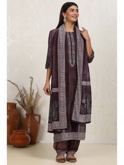 Biba - Women's Purple Velvet Digital Print Unstitched Dress Material (Set of 3)