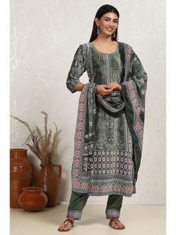 Biba - Women's Green Velvet Digital Print Unstitched Dress Material (Set of 3)