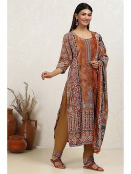 Biba - Women's Mustard Yellow Velvet Digital Print Unstitched Dress Material (Set of 3)