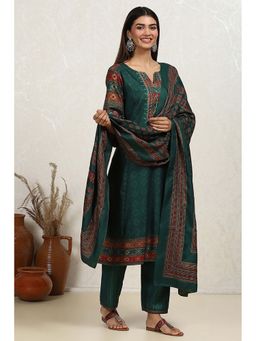 Biba - Women's Teal Pashmina Machine Embroidery Unstitched Dress Material (Set of 3)