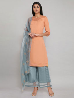 W - Peach Embroidered Straight Kurta-parallel Pants-dupatta Set (Set of 3)