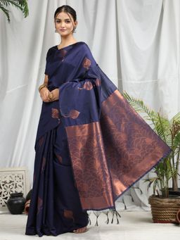 Odette - Navy Blue Soft Silk Saree with Unstitched Blouse