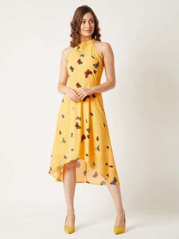 Miss Chase - Women's Yellow Halter Neck Sleeveless Printed High-Low Midi Dress