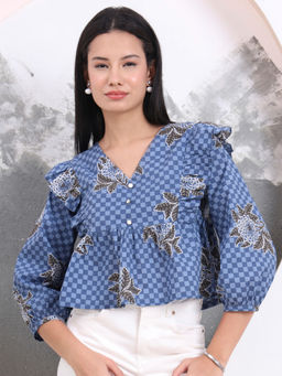 Yufta - Blue Cotton Gathered Crop Top