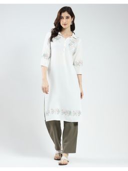 Monte Carlo - Women White Viscose Floral Kurta