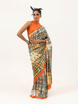 UNALLUME BY NISHA - Vibrant Grid Silk Saree with Unstitched Blouse - Multi-Color