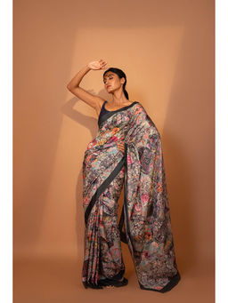 UNALLUME BY NISHA - Floral Camouflage Silk Saree with Unstitched Blouse - Grey