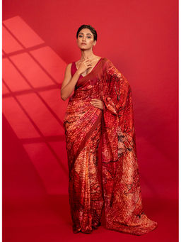 UNALLUME BY NISHA - Crimson Red Blossom Silk Saree with Unstitched Blouse