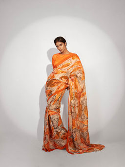 UNALLUME BY NISHA - Orchid Symphony Organza Saree with Unstitched Blouse - Orange